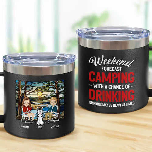 Weekend Forecast Camping - Personalized 14oz Stainless Steel Tumbler With Handle