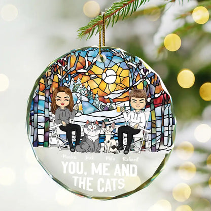 You, Me And The Cat - Personalized Circle Glass Ornament
