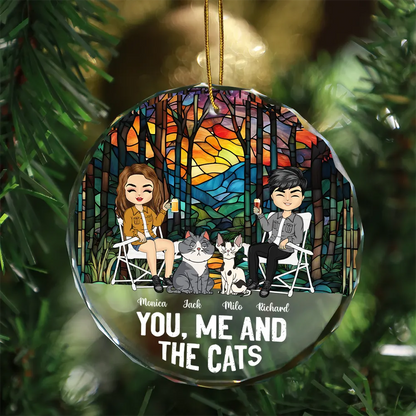 You, Me And The Cat - Personalized Circle Glass Ornament