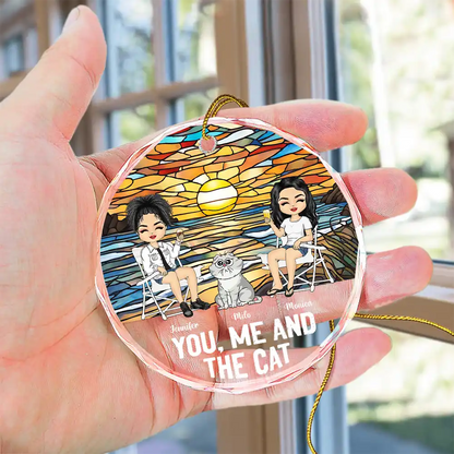 You, Me And The Cat - Personalized Circle Glass Ornament