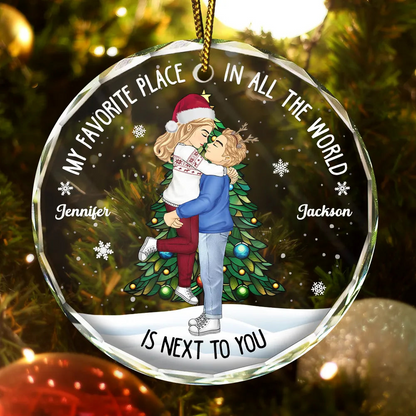 Christmas Couple Kissing My Favorite Place In All The World - Personalized Circle Acrylic Ornament