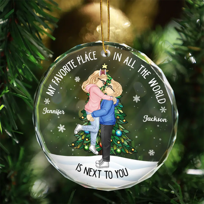 Christmas Couple Kissing My Favorite Place In All The World - Personalized Circle Acrylic Ornament