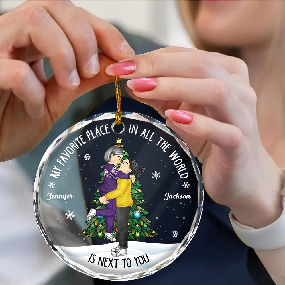 Christmas Couple Kissing My Favorite Place In All The World - Personalized Circle Acrylic Ornament