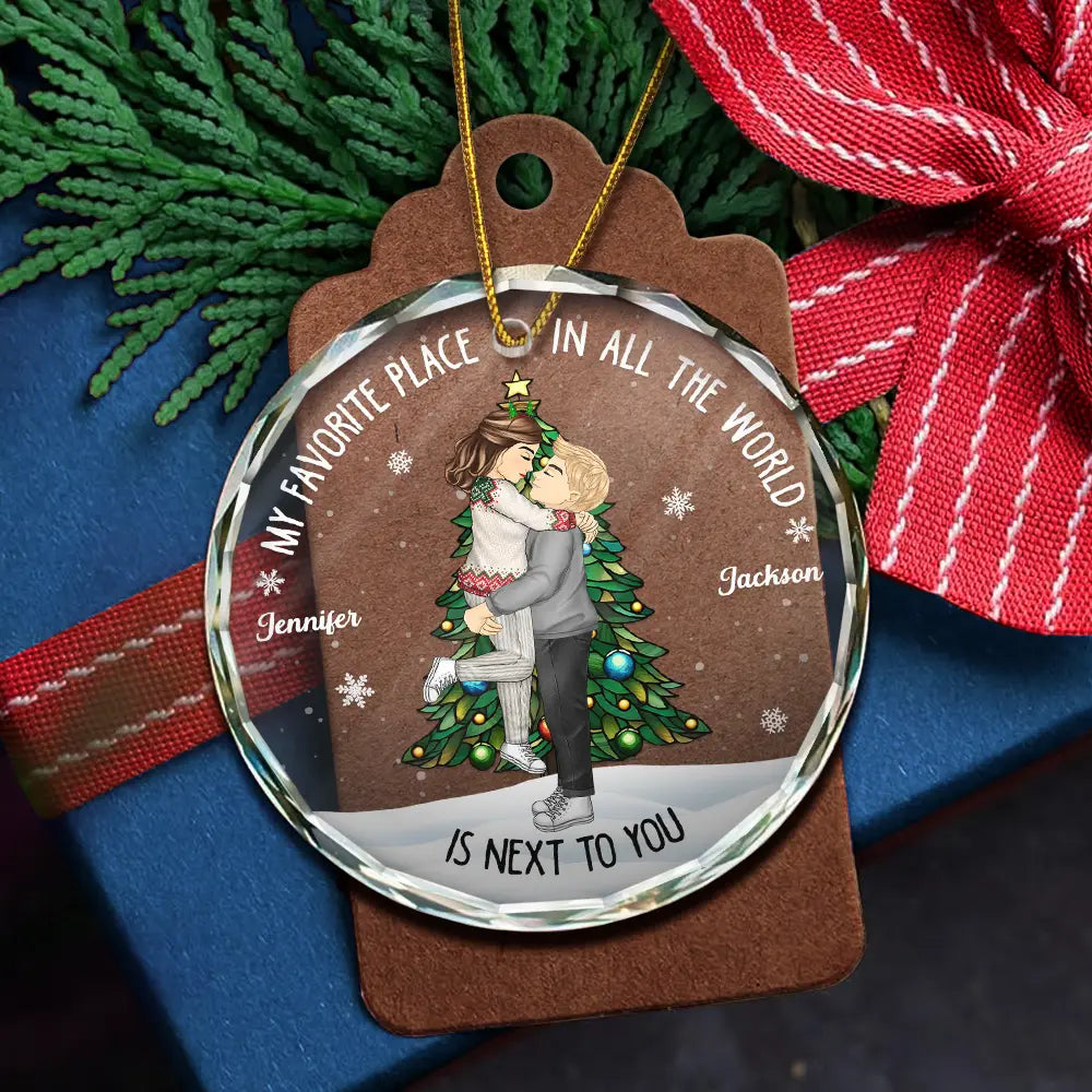 Christmas Couple Kissing My Favorite Place In All The World - Personalized Circle Acrylic Ornament