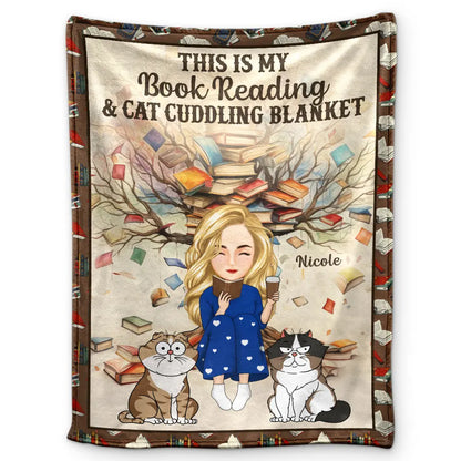 Book Reading & Cat Cuddling Blanket - Personalized Fleece Blanket, Sherpa Blanket