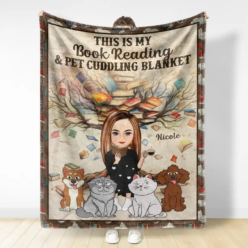 Book Reading & Cat Cuddling Blanket - Personalized Fleece Blanket, Sherpa Blanket