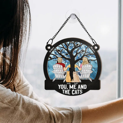 Cat Lovers, Gift For Couples, Pet Couple - Four Seasons You, Me And The Cat - Personalized Window Hanging Suncatcher Ornament