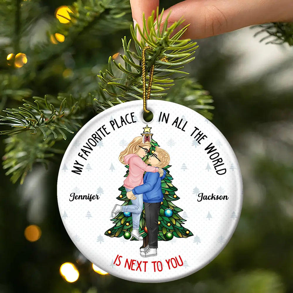 Christmas Couple Kissing My Favorite Place In All The World - Personalized Circle Ornament