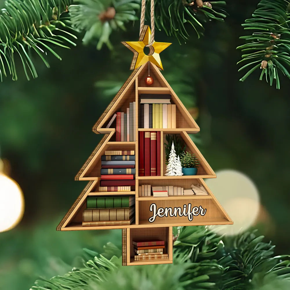 Reading Bookshelves Christmas Tree Shape - Personalized Custom Shaped Wooden Ornament