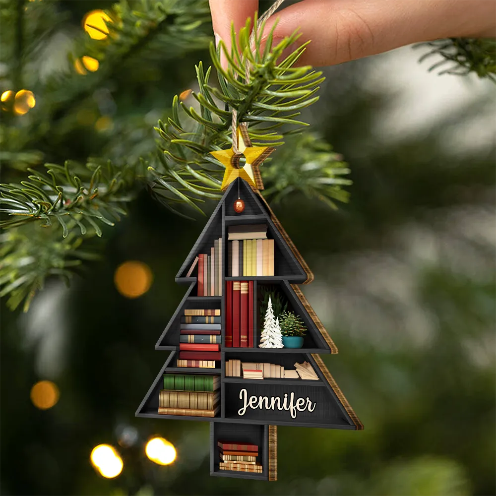 Reading Bookshelves Christmas Tree Shape - Personalized Custom Shaped Wooden Ornament