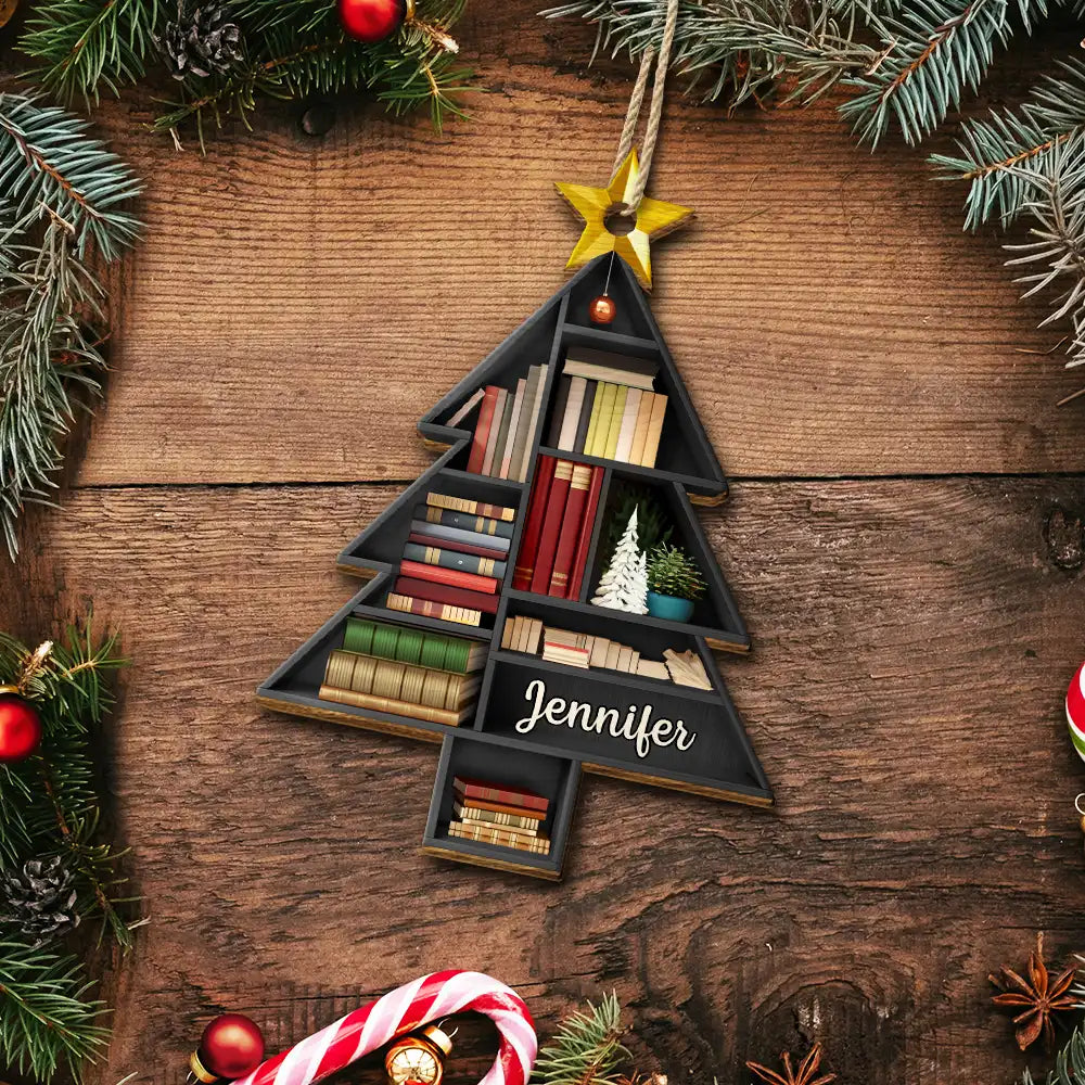 Reading Bookshelves Christmas Tree Shape - Personalized Custom Shaped Wooden Ornament