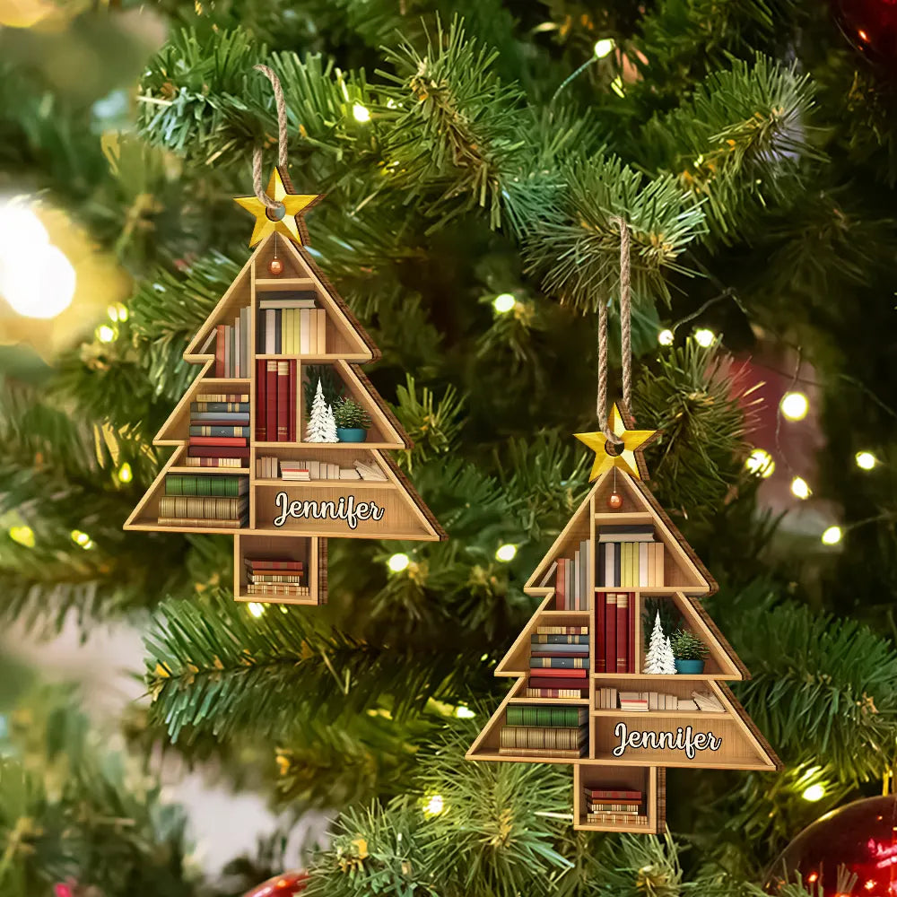 Reading Bookshelves Christmas Tree Shape - Personalized Custom Shaped Wooden Ornament