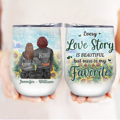 Black Couple Sunflower Every Love Story Is Beautiful - Couple Gift - Personalized Custom Wine Tumbler