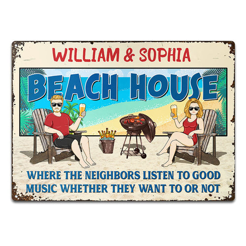 Family Couple Beach House Listen To Good Music - Personalized Custom Classic Metal Signs
