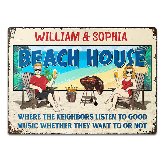 Family Couple Beach House Listen To Good Music - Personalized Custom Classic Metal Signs