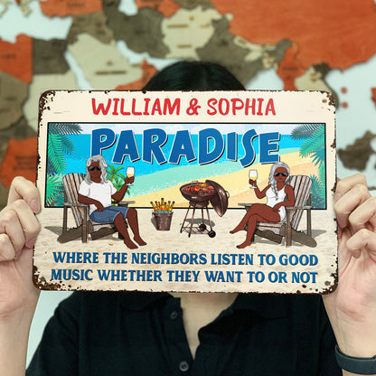 Family Couple Beach House Listen To Good Music - Personalized Custom Classic Metal Signs