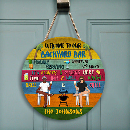 Patio Welcome Grilling Chilling - Gift For Couples - Personalized Custom Wood Circle Sign