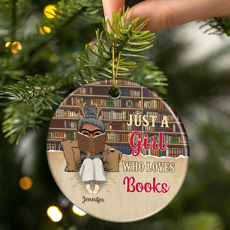 Christmas Reading Bookshelves Just A Girl Who Loves Books - Personalized Custom Circle Ceramic Ornament