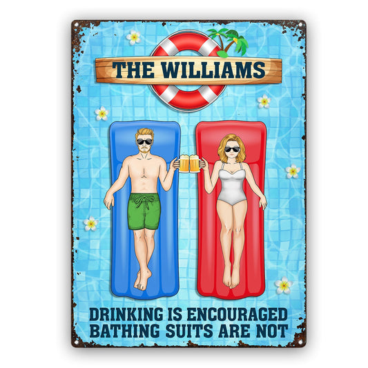 Swimming Pool Couple Drinking Is Encouraged - Gift For Couples - Personalized Custom Classic Metal Signs