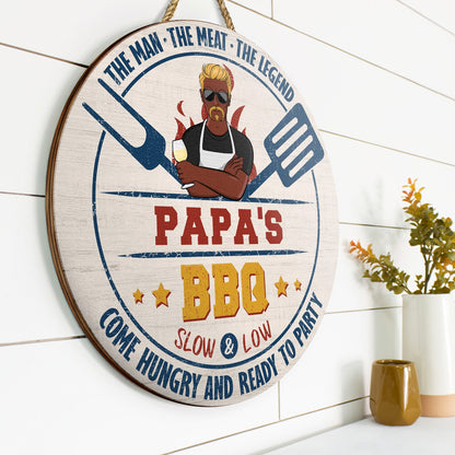 Grilling The Man The Meat The Legend - Gift For Father And Grandpa - Personalized Custom Wood Circle Sign