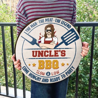 Grilling The Man The Meat The Legend - Gift For Father And Grandpa - Personalized Custom Wood Circle Sign