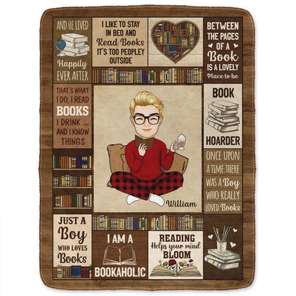 Reading Cartoon Just A Girl Boy Who Loves Books - Gift For Book Lovers - Personalized Fleece Blanket