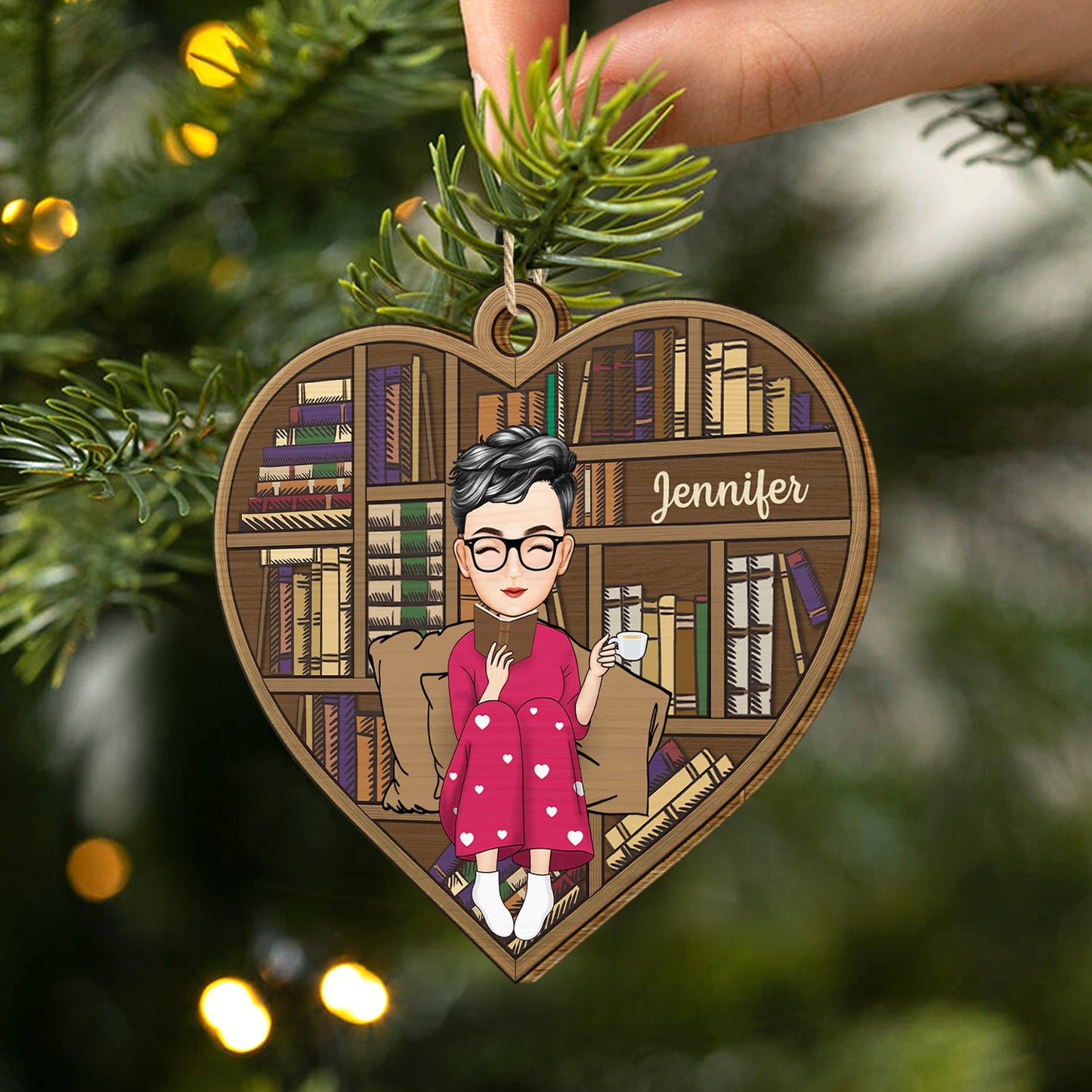 Reading Cartoon Girl Boy Book Lovers - Gift For Reading Lovers - Personalized Custom Shaped Wooden Ornament