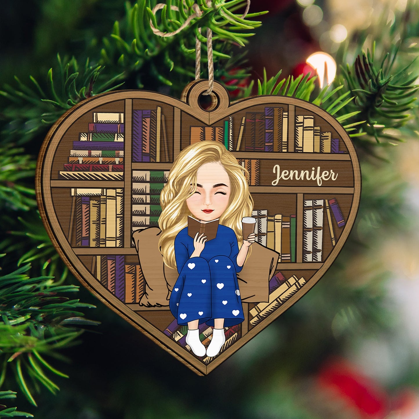 Reading Cartoon Girl Boy Book Lovers - Gift For Reading Lovers - Personalized Custom Shaped Wooden Ornament