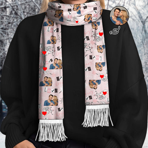 Custom Photo Love - Gift For Couple - Personalized Wool Scarf With Tassel