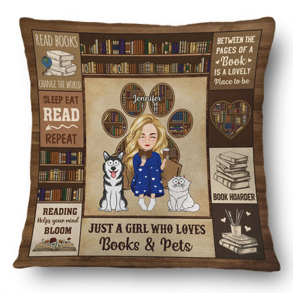 Reading Just A Girl Who Loves Books & Pets - Gift For Book Lovers, Pet Lovers - Personalized Pillow