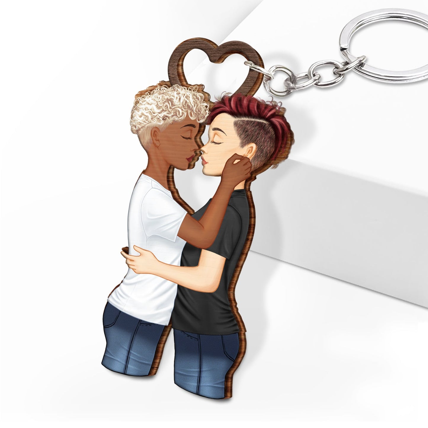 Couple Side View I Choose You - Gift For Couples - Personalized Cutout Wooden Keychain 2 Sides