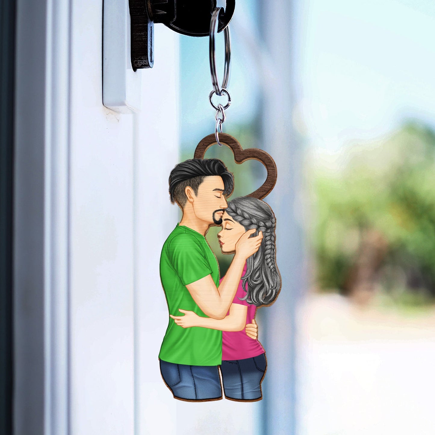 Couple Side View I Choose You - Gift For Couples - Personalized Cutout Wooden Keychain 2 Sides