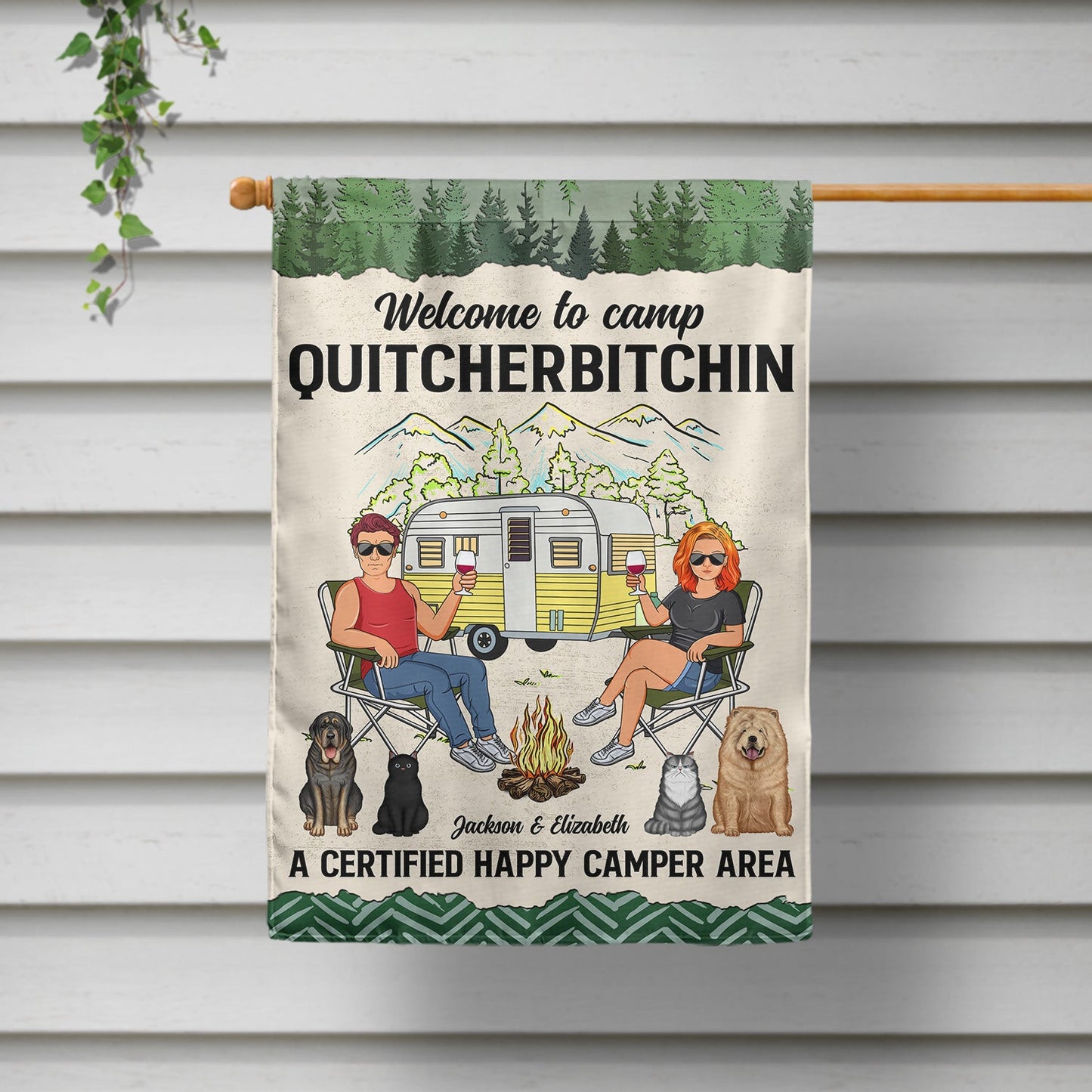 Camping Couple & Pets Certified Happy Camper Area - Gift For Camping Lovers - Personalized Flag