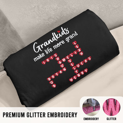 Grandkids Make Life More Grand Crossword Puzzle Art Personalized Glitter Embroidery Sweater, Heartfelt Gift For Grandma