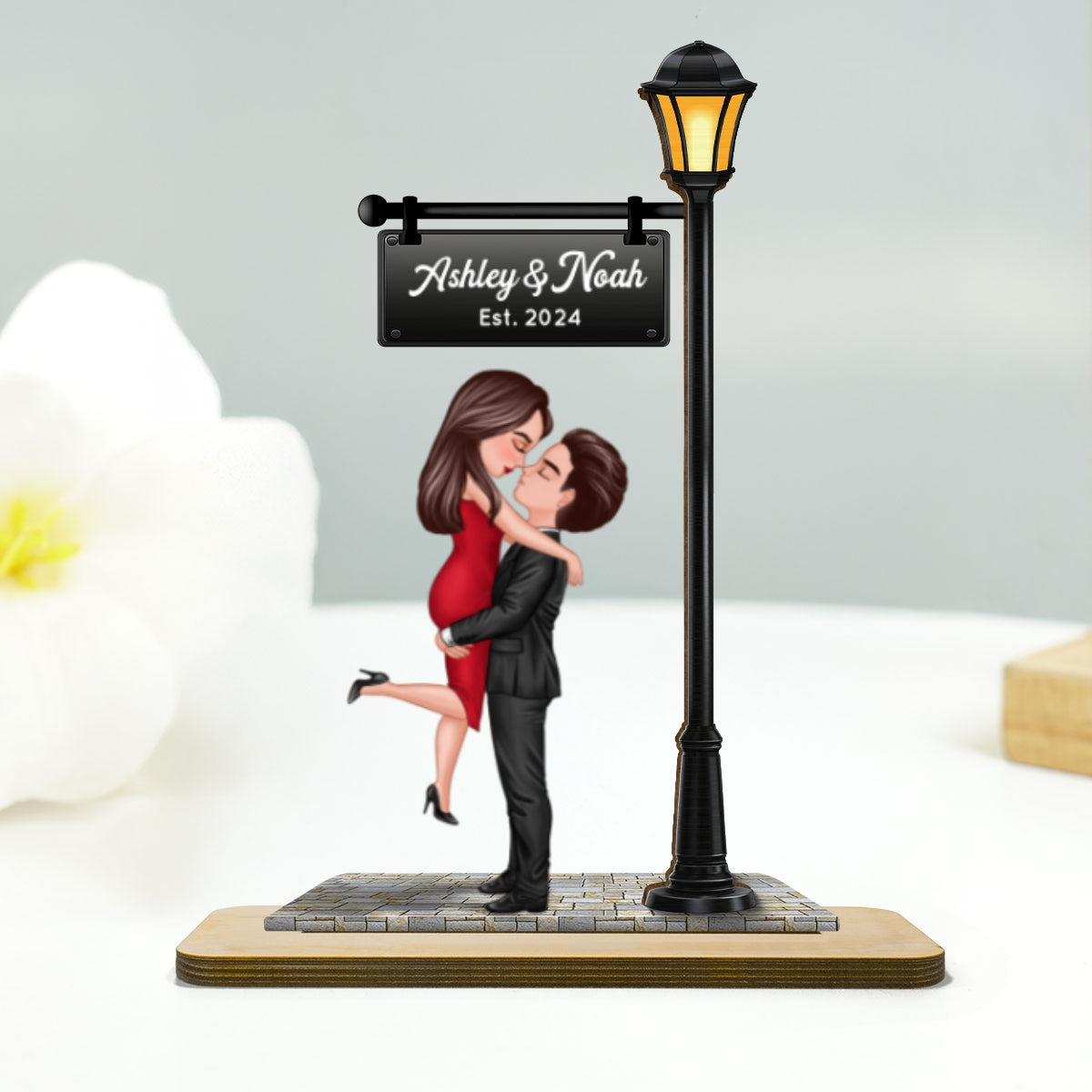 Couple Kissing Under Lamp Post Personalized 2-Layer Standing Wooden Plaque, Heartfelt Gift For Couple, For Him, For Her, Boyfriend, Girlfriend, Husband, Wife