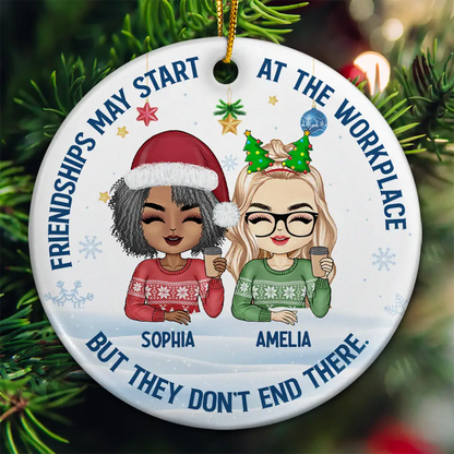 Friendships May Start At The Workplace Christmas Colleagues Chibi - Personalized Circle Acrylic Ornament