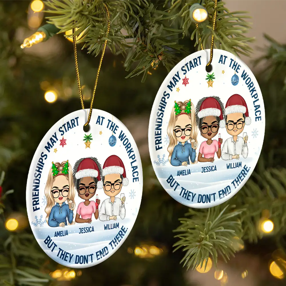 Friendships May Start At The Workplace Christmas Colleagues Chibi - Personalized Circle Acrylic Ornament