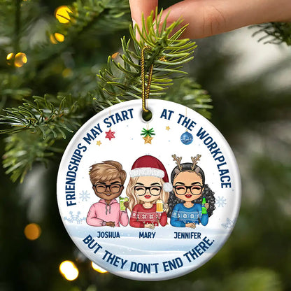 Friendships May Start At The Workplace Christmas Colleagues Chibi - Personalized Circle Acrylic Ornament