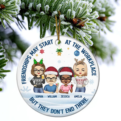 Friendships May Start At The Workplace Christmas Colleagues Chibi - Personalized Circle Acrylic Ornament