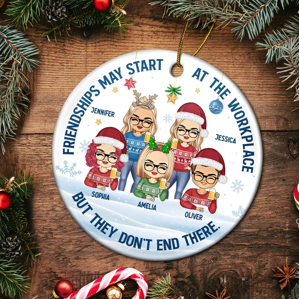 Friendships May Start At The Workplace Christmas Colleagues Chibi - Personalized Circle Acrylic Ornament