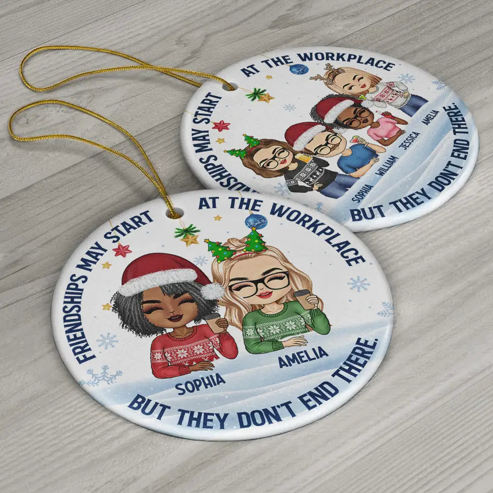 Friendships May Start At The Workplace Christmas Colleagues Chibi - Personalized Circle Acrylic Ornament