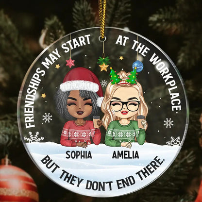 Friendships May Start At The Workplace Christmas Colleagues Chibi - Personalized Circle Acrylic Ornament