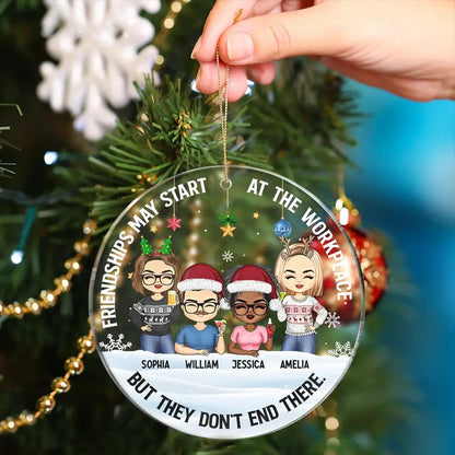 Friendships May Start At The Workplace Christmas Colleagues Chibi - Personalized Circle Acrylic Ornament