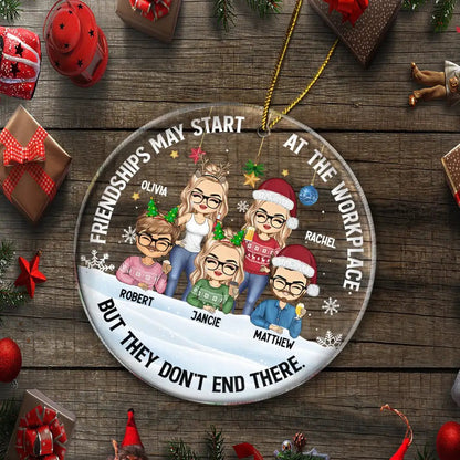 Friendships May Start At The Workplace Christmas Colleagues Chibi - Personalized Circle Acrylic Ornament