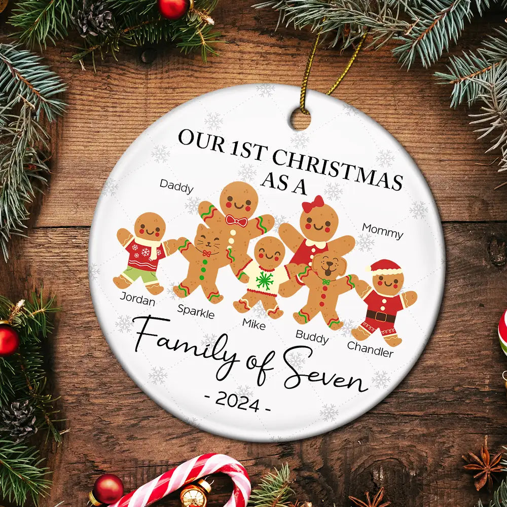 First Christmas As A Family Of Three Gingerbread - Personalized Circle Acrylic Ornament