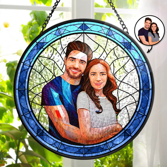 Custom Photo Portrait Couple Family - Personalized Stained Glass Window Hanging Suncatcher