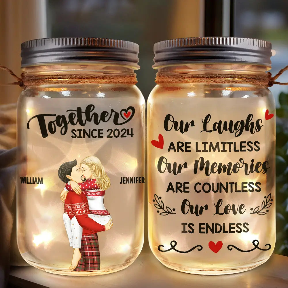 Kissing Couple Our Memories Are Countless Our Love Is Endless - Personalized Mason Jar Light