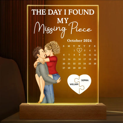 The Day I Found My Missing Piece Kissing Couples Calendar - Personalized 3D Led Light Wooden Base