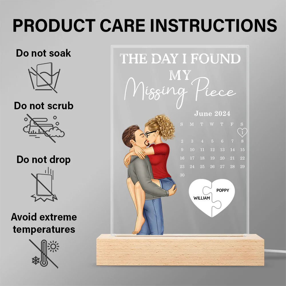 The Day I Found My Missing Piece Kissing Couples Calendar - Personalized 3D Led Light Wooden Base