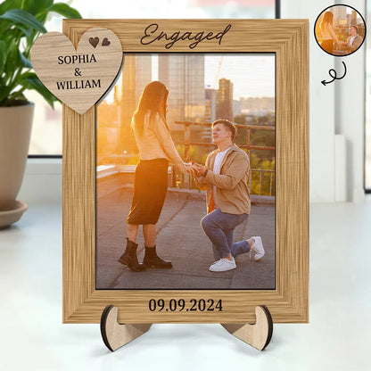 Custom Photo Engagement Couple - Personalized 2-Layered Wooden Plaque With Stand